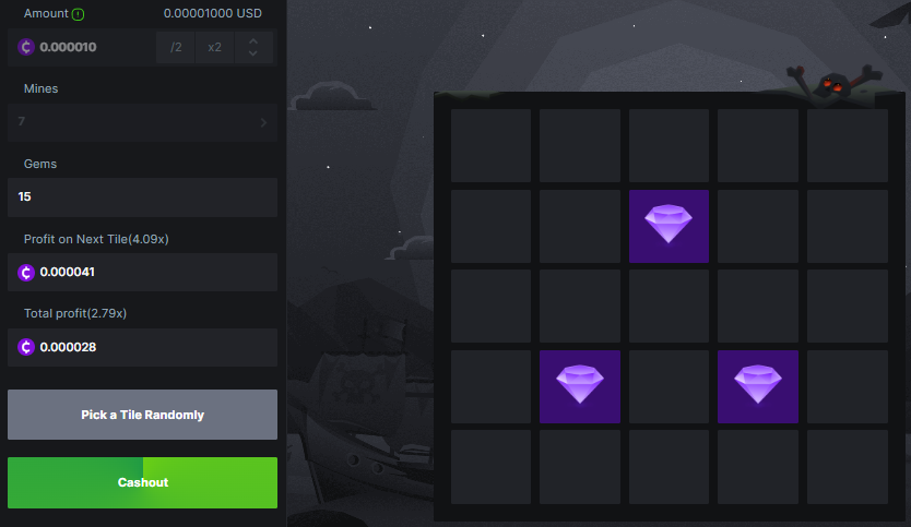 Example mines game showing 2.79x multiplier for successfully selecting 3 mines in a game of 7 mines